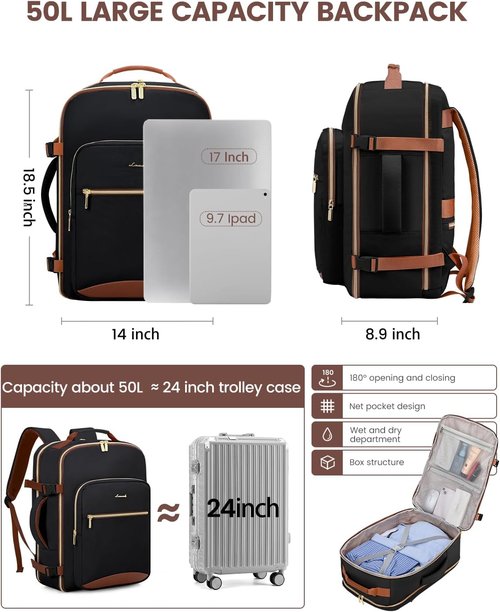 LOVEVOOK 50L Travel Backpack - Airline Approved Carry-On Luggage with 3 Packing Cubes & Waterproof Design