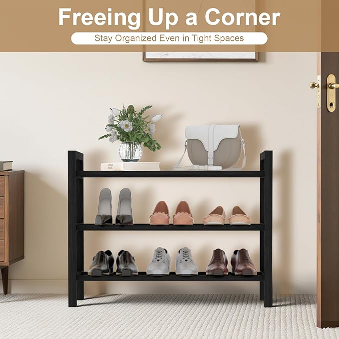 Haddockway Bamboo Shoe Rack for Closet, Free Standing Shoe Organizer with Smooth Round Rods & Convenient Handles, Stackable Shoe Storage Shelf for Entryway, Hallway(Black, 3-Tier(Small))