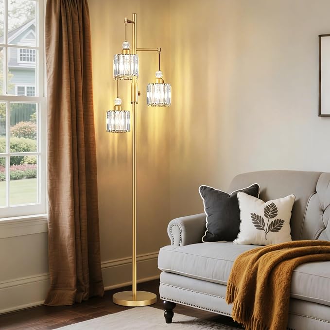 Black Tree Floor Lamp with 3 Crystal Cage Lampshades & Dimmable Bulbs - 70" Vintage Glam Standing Lamp for Living Room Bedroom, Industrial Modern Decor with Crystal Ball Accents (Gold)