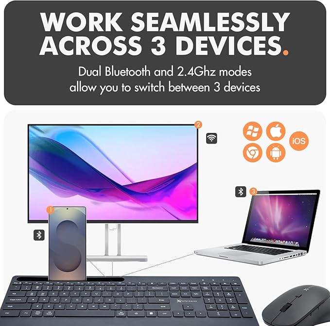 X9 Wireless Keyboard and Mouse Combo (Bluetooth + 2.4GHz) - Quiet, Full Size, Multi Device Keyboard and Mouse Wireless Combo with Wrist Rest, Phone Holder for Windows, PC, Laptop, Mac, Phone
