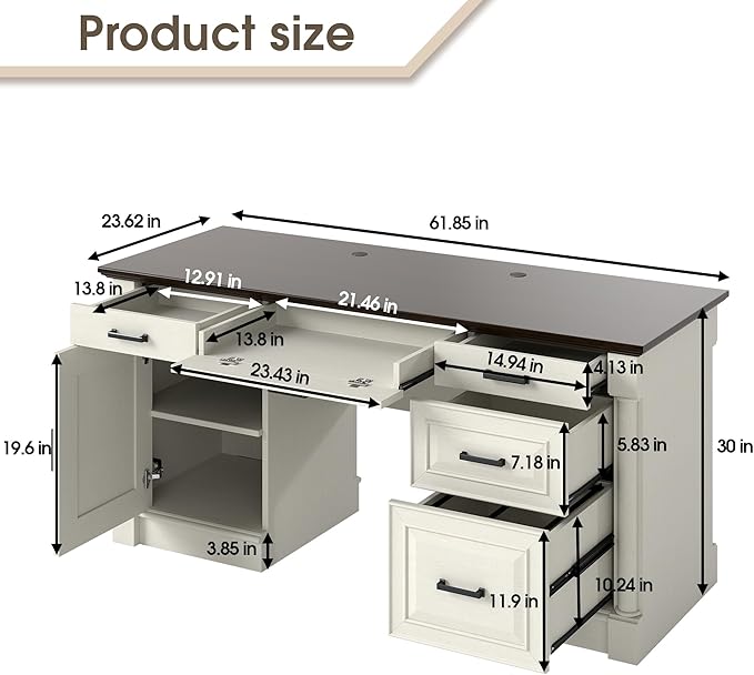 61.85″ Executive Desk with Roman Column Design, Large Boss Office Desk 3 Drawers incl. File Drawer, Keyboard Tray, Cabinet Shelf with Door, White with Brown Desktop