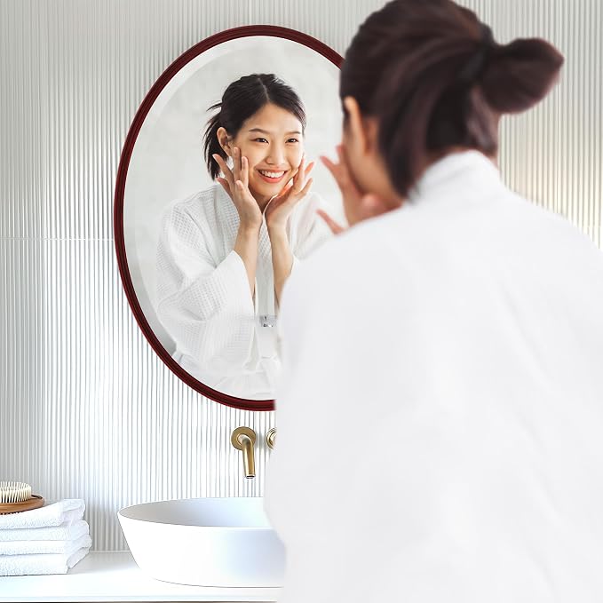 OVALCREST - Oval Wooden Beveled Wall Mirror for Home Decor, Bathroom, Vanity, Bedroom, Living Room, Hallway - London Style (Black Cherry) 21.1 x 17.1