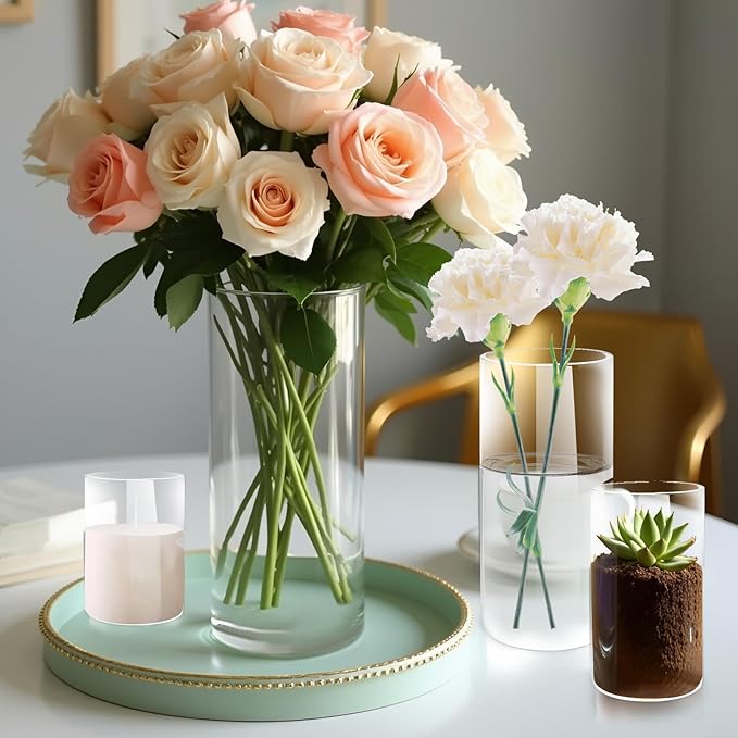 12 Pack Glass Cylinder Vases, 4,6,8,10 Inch Tall Clear Flowers Vases for Centerpieces, Floating Candles Vase,Hurricane Glass Candle Holders Vase for Wedding Party Home Tables Decor