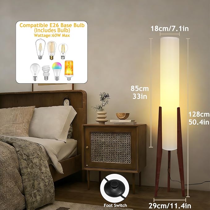 Wabi-sabi 50" Wooden Tripod Floor Lamp Linen Floor Lamp Paper Lantern Inspired Fabric Standing Lamp With E26 3-Color Temperatures Solid Wood Tall Light For Living Room Bedroom (Includes Bulb)
