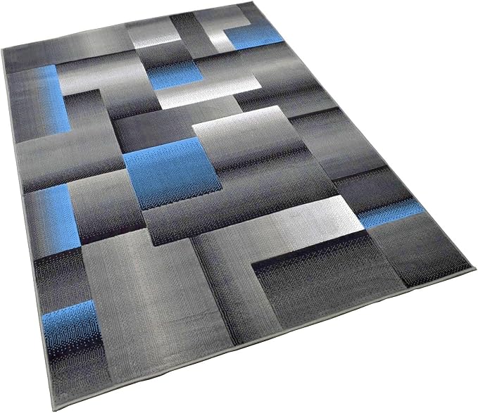 HR 5’ x 7’ Rug in Blue - Premium Quality Blue/Black/Gray Abstract Geometric Modern Squares Pattern Area Rug - Contemporary Styling for Living Room, Bedroom - Unique Home Décor