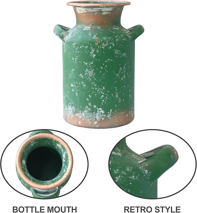 Rustic Vintage Metal Flower Vase for Decor Milk Jug Small Vases for Flowers Kitchen Decorations, Cylindrical,Perfect for Kitchen, Dining Room, Living Room,Housewarming Gift (DarkGreen)