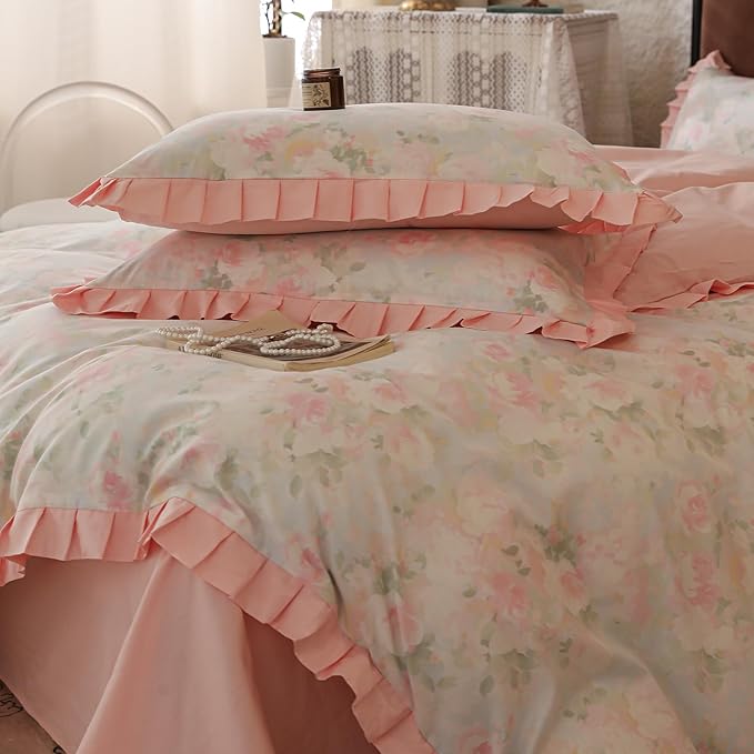 Pink Ruffle Duvet Cover Set Queen 100% Cotton Vintage Floral Comforter Cover Girls Flower Duvet Cover Romantic Princess Bedding Lace Comforter Cover with Zipper Ties Breathable Floral Bedding Queen