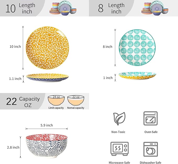 Selamica Ceramic Plates and Bowls Sets,18 Pieces Dinnerware Sets for 6,Dishwasher & Microwave Safe dish set,Family & Holiday Dining, Assorted Colors