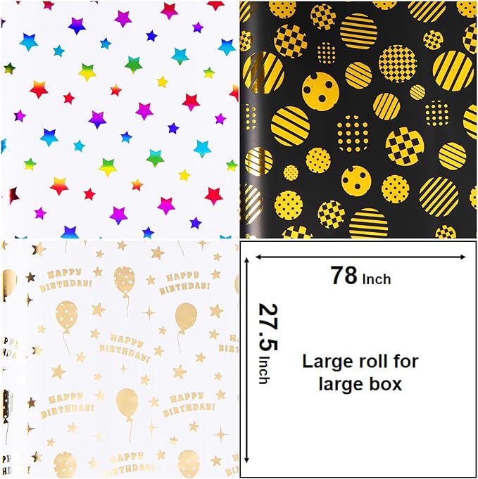 Linnoptimix Birthday Wrapping Paper Rolls -3 LARGE ROLL-27inch*78 inch per roll Colorful Foil wrapping paper (Birthday 1 White/Gold&1 Black/Gold &1White/Colorful Foil（012）)
