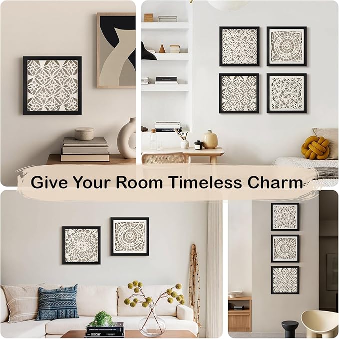 FOLKOR Abstract Black and White Wall Art for Bedroom Decoration, 12" Handmade Rice Paper Geometric Artwork Eclectic Decor, Floating Shadow Box Art for Boho Kitchen Dining Room Nursery Decoration