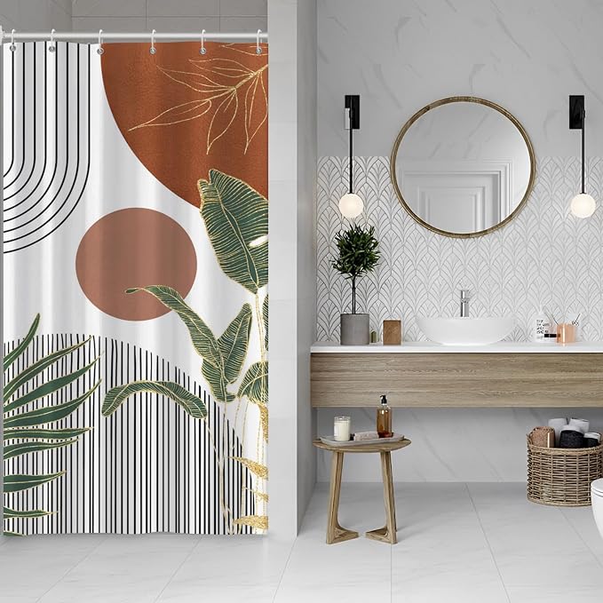Mid Century Boho Shower Curtain, Abstract Modern Sun Minimalist Aesthetic Shower Curtain, Bohemian Geometric Arch Curve Leaves Neutral Art Fabric Bathroom Curtains Orange 36x72 inch