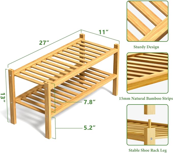 RONGJlA 2 Tier Bamboo Shoe Rack for Closet Free Standing Wood Shoe Shelf Storage Organizer for Entryway Small Space Stackable, Natural