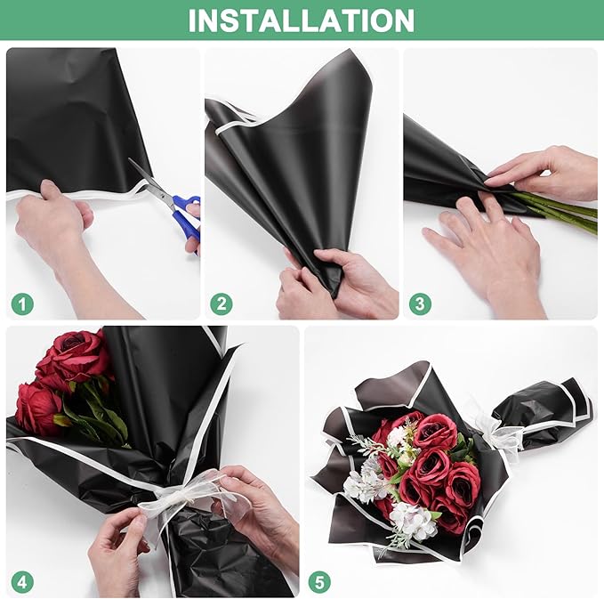 M METERXITY 20 Sheets Flower Wrapping Paper Bouquet 23 Inch Black White Edge BOPP Waterproof Floral Wrapping Paper Flower Packaging DIY for Wedding/Party/Birthday/Gift Bouquet Wrap Paper