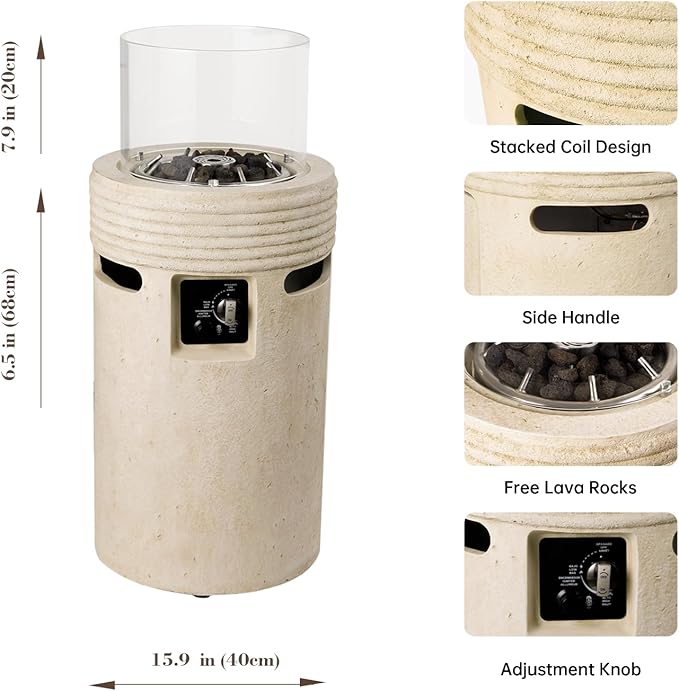 Outdoor Propane Fire Pit, 16" Propane Fire Column Patio Gas Fire Pit 50,000 BTU for Outside with Lava Rocks