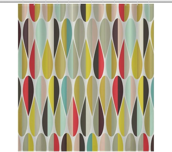 Mid Century Modern Shower Curtain,Retro Abstract Geometric Drop Shapes Art Style Shower Curtains Set for Bathroom Fabric Decorative Bath Curtain Washable Curtain Hooks, 72x72 inch