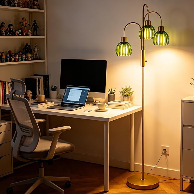 3-Light Glass Floor Lamp, 70" Gold Dimmable Standing Tall Lamp with Green Ribbed Glass Shades &3PCS 3000K Warm White Bulbs, Modern Tree Pole Lamp for Living Room Bedroom Home Office Corner Decor