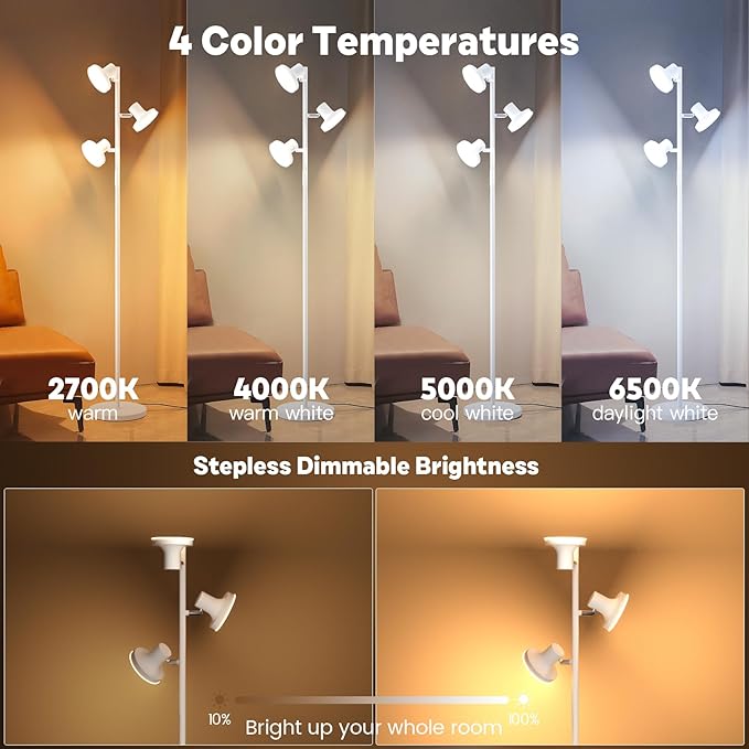 SIBRILLE 36W LED Tree Floor Lamp, Modern Dimmable Standing Lamp with Remote & Touch Control, 4 Color Temperatures, 3 Rotatable LED Light Floor Lamps for Living Room, Bedroom, Office