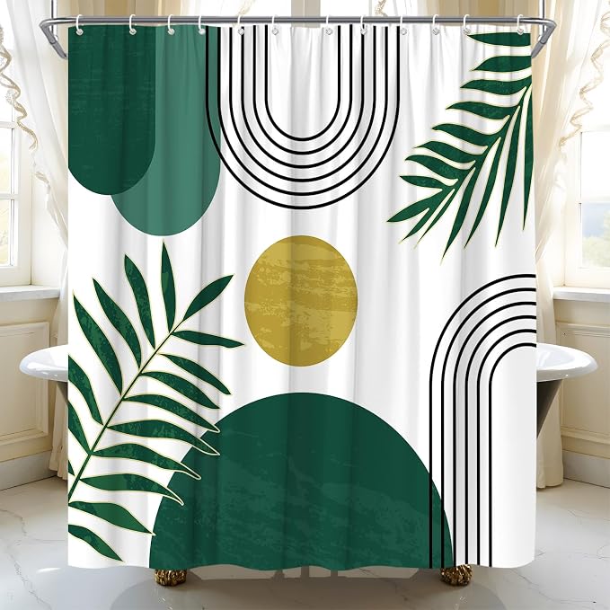 Mid Century Modern Shower Curtain Boho Green Abstract Retro Aesthetic Fabric for Bathroom Decor Bathtub with Hooks (70" WX74.8 H)