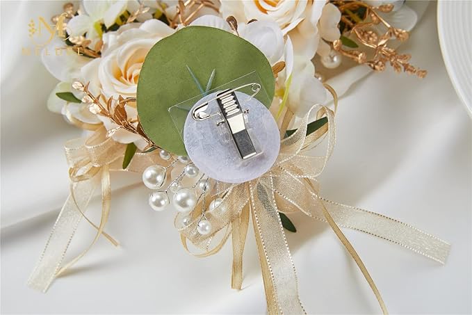 Meldel Champagne Boutonniere for Men Wedding, Set of 6, Groom and Groomsmen Boutonniere for Wedding Ceremony Anniversary Party, Rustic Fall Wedding, Artificial Rose Boutonnieres Prom Suit Decorations