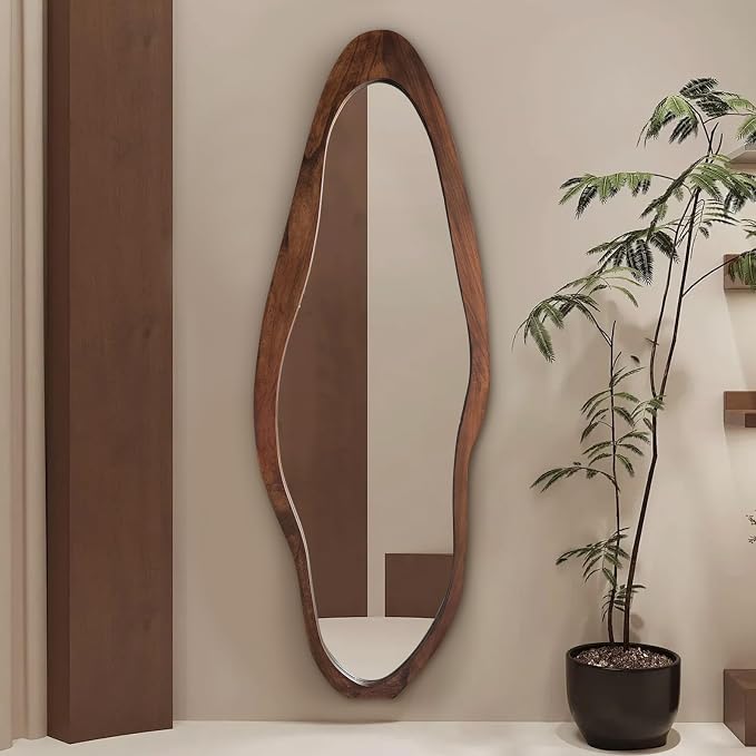 Irregular Full Length Mirror, 67"x24" Wooden Farmhouse Full Body Mirror, Large Asymmetrical Wall Mirrors for for Living Room Entryway Bedroom, Horizontal/Vertical, Woodgrain Brown