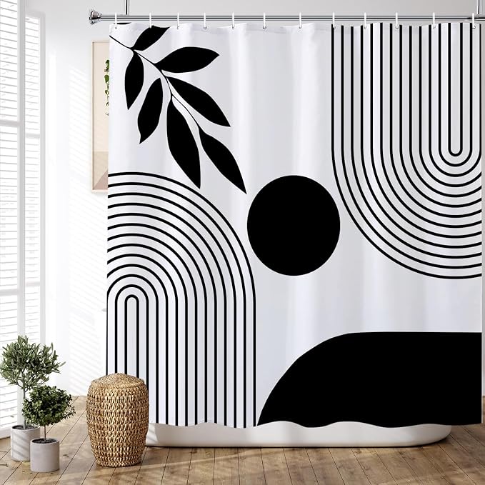 Boho Shower Curtain Mid Century Modern Shower Curtains for Bathroom Black and White Geometric Minimalist Abstract Bohemian Waterproof Fabric Bathroom Shower Curtain Set 72x72 Inch