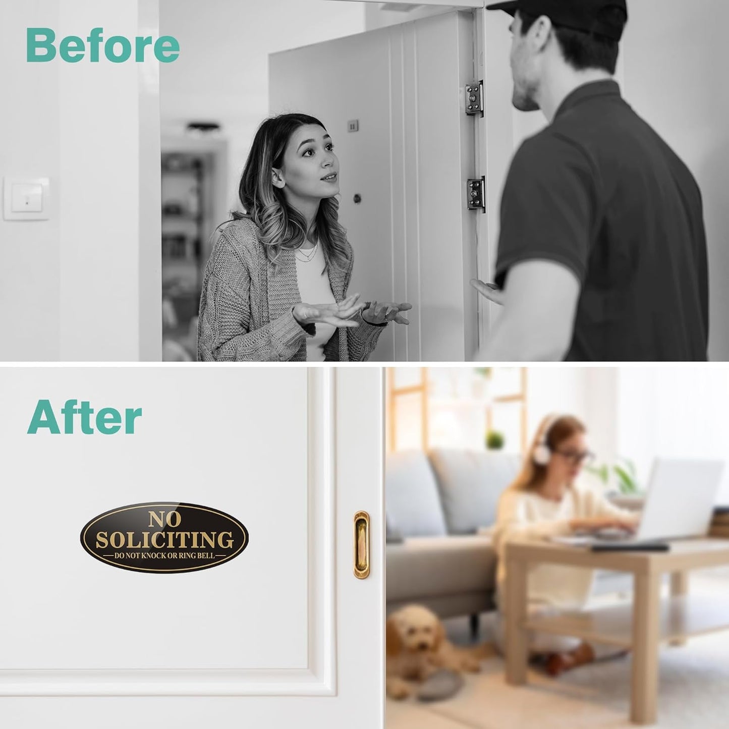 Skiennix No Soliciting Sign - Self-Adhesive Front Door Sticker | 2 Pack, Black/Gold, Small (5" x 2")