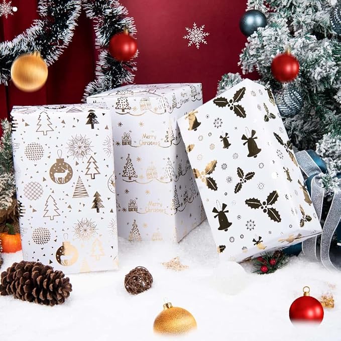 Linnoptimix Christmas Wrapping Paper Rolls -3 LARGE ROLL-27inch*78 inch per roll Colorful Foil White Gold wrapping paper(Christmas 3 White/Gold（002）)