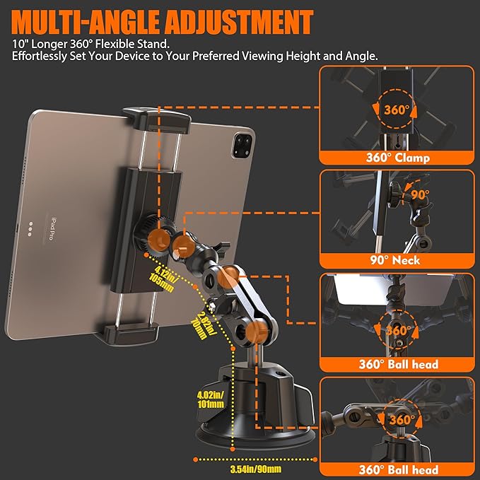 VasSmtCPH Tablet Mount for Truck Car ipad Holder Suction Cup Phone Stand for Windshield Dash Wall Vehicle Desk，360° Metal Bracket for 4.7"-13" Tablet iPad Pro Air Mini iPhone