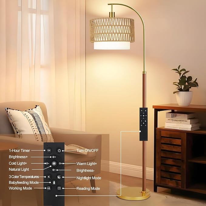 ZECOXOL Boho Floor Lamps for Living Room Wood Floor Lamp with Remote Control,Dimmable Rattan Floor Lamps Farmhouse Gold Standing Lamp with 3 Color Temperature Tall Arc Floor Lamp for Bedroom Corner