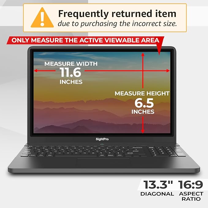SightPro Magnetic Laptop Privacy Screen 13.3 Inch 16:9 - Removable Computer Privacy Filter Shield and Protector