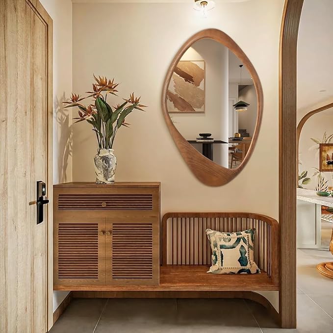 AAZZKANG Asymmetrical Wall Mirror Large 28"x20" Retro Irregular Vanity Mirrors Decorative for Bathroom Bedroom Living Room Hallway Brown
