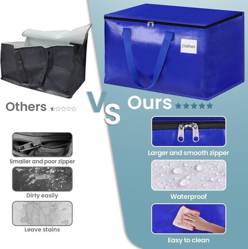 HomeHacks Heavy-Duty Moving Bags - Collapsible Storage Totes with Strong Zippers & Handles | 125L, 8-Pack, Blue