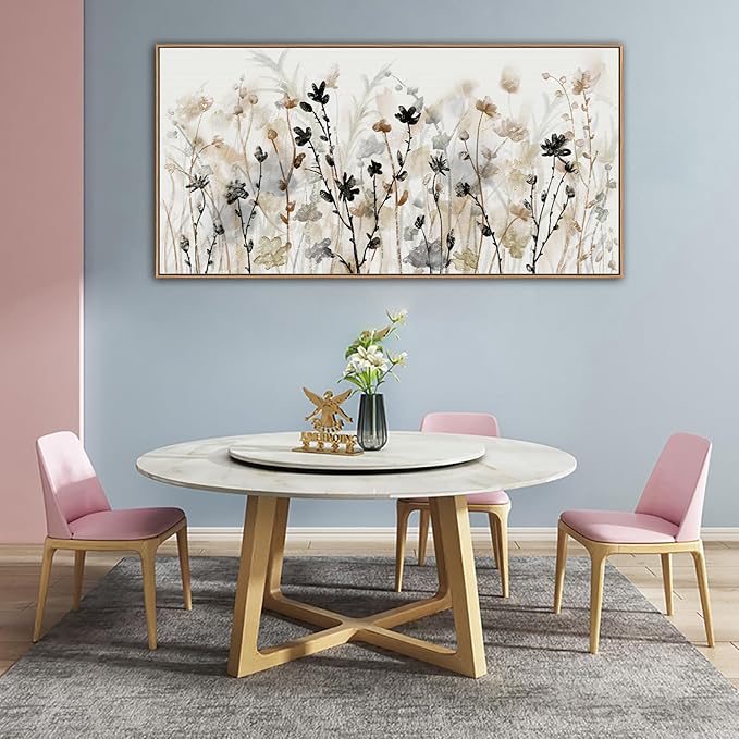 Framed Floral Wall Art Abstract Grey Cream White Grass Flowers Canvas Pictures Modern Landscape Painting Botanical Artwork for Living Room Bedroom Kitchen Office Wall Decor Ready to Hang 29"x58"