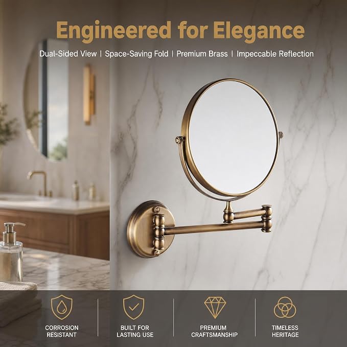 7Trees 8-Inch Retro Bathroom Folding Wall Mount Make-Up Mirror Flip Telescopic Beauty Mirror (Antique Brass)