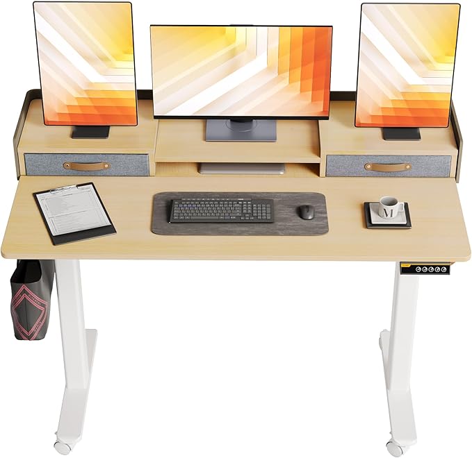 Claiks Standing Desk with Drawers, Stand Up Electric Standing Desk Adjustable Height, Sit Stand Desk with Storage Shelf and Splice Board, 48 Inch, Natural