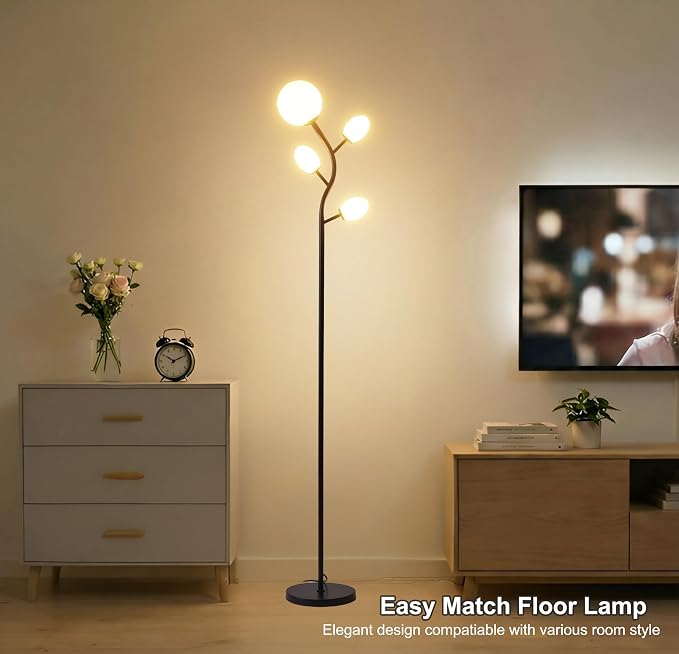 Fiqevs 4 Globe Floor Lamp for Living Room, Mid Century Modern Standing Lamp with 2700K LED Bulbs, Frosted Glass Shade Tall Lamp for Bedroom, Matt Black