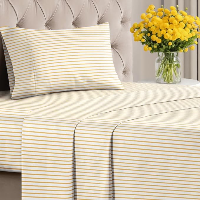 Yellow Striped Sheets - 1 Flat & 1 Fitted Sheet & 1 Pillowcase w/ Deep Pockets - Comfy, Wrinkle & Fade Resistant - Ultra-Soft, Cozy, Breathable and Cooling - Luxury Pinstripe Bedding - Twin Size