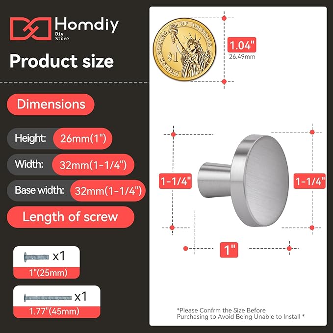 homdiy 30 Pack Brushed Nickel Cabinet Knobs Round Kitchen Handles Zinc Alloy Metal Hardware for Dresser Drawer Desk Cupboard