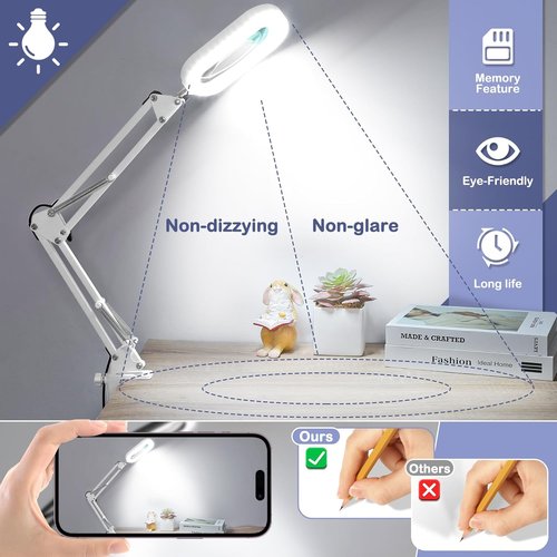 Drdefi 10X Magnifying Glass with Light - LED Lighted, Stepless Dimmable, Hands-Free Desk Lamp | White