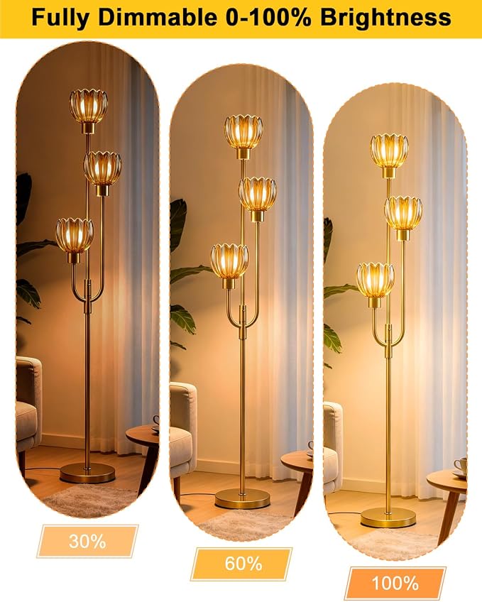 Lightdot 3-Lights Modern Glass Floor Lamp Gold Dimmable Floor Lamps with 3000K Warm White Bulbs for Wedding Party 66IN Tall Standing Lamp with Amber Glass Shade for Living Room/Bedroom/Home Decor