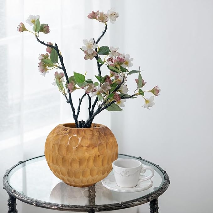 Teak Wooden Handcrafted Pot 9.5" x 9.5" x 7.1"H Natural Wood Round Vase Handmade Rustic Flower Holder for Entry Table Brown Stain Vintage Artworks Planter Living Room Home Christmas Décor