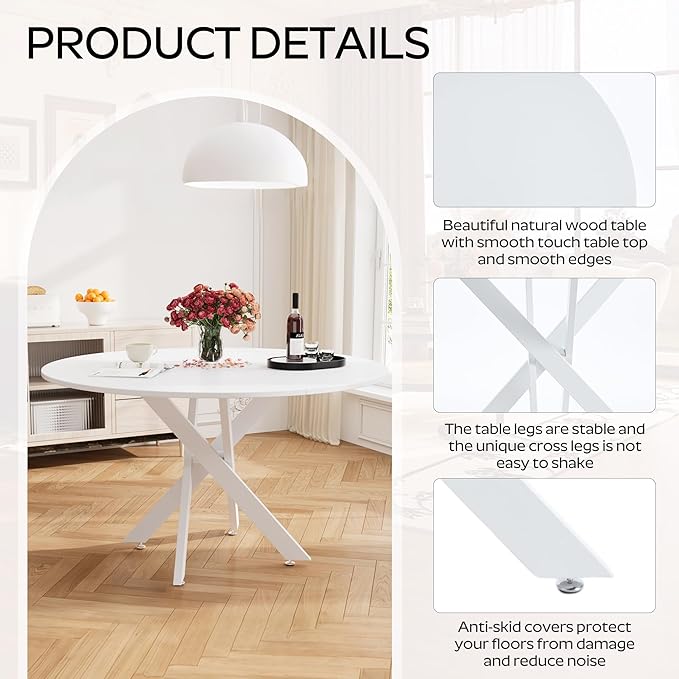RGZ Mid Century White Round Dining Table Set for 4, 47" Large Wooden Circle Kitchen Table & 4 White PU Leather Kitchen Chairs, Dinner Table Set for Home, Apartment, Dining Room