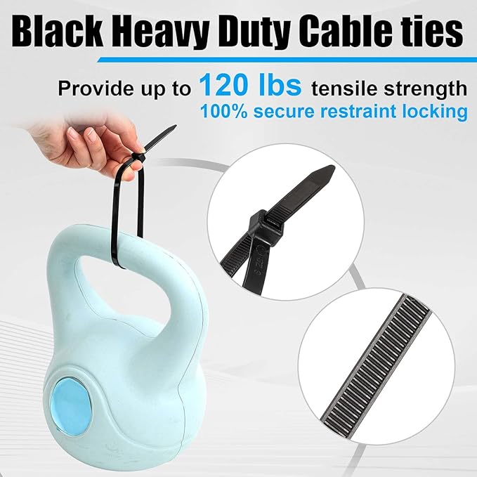 1000 Pcs 8 Inch Zip Ties Heavy Duty 120 Lbs Tensile Strength Black Nylon Wire Cable Ties Bulk for Indoor Outdoor
