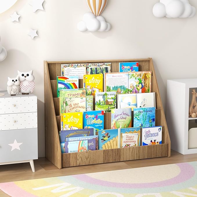 KOTEK 5-Tier Kids Bookshelf, Wooden Floor Display Shelf for Books and Magazines, Toddler Bookcase, Montessori Book Shelf for Kids Room, Daycare, Preschool, Classroom (Natural)