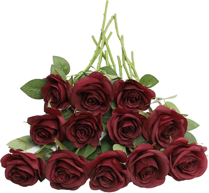 Artificial Rose Flower Artificial Flowers Flower with Long Stem Silk Roses Bouquet for Wedding Bridal Shower Party Home Decoration (Burgundy, 50 Pcs)