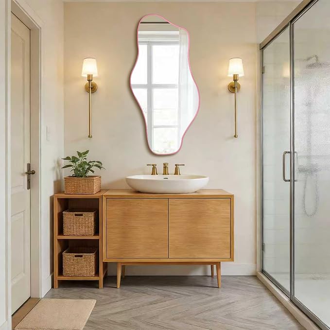 Irregular Tempered Glass Mirror, 47.2"x24" Pink Asymmetrical Aesthetic Wall Mirror, Modern Organic Shape Frameless Mirrors for Entryway Bedroom Living Room, Horizontal or Vertical Hanging