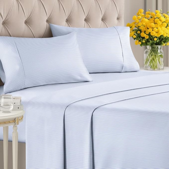Light Blue and White Striped Sheets - 1 Flat & 1 Fitted Sheet & 2 Pillowcases w/ Deep Pockets - Wrinkle & Fade Resistant - Ultra-Soft, Breathable & Cooling - Luxury Pinstripe Bedding - King Size