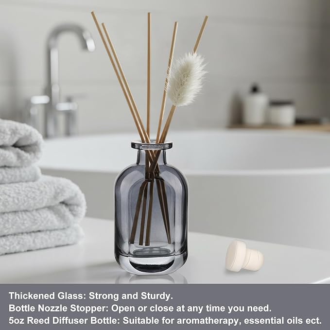 Glass Diffuser Bottles 2 Pack 5oz/150ml Reed Diffuser Bottle Empty Diffuser Bottle Refillable Aromatherapy Storage Container Reed Diffuser Sticks Bottles(Grey)