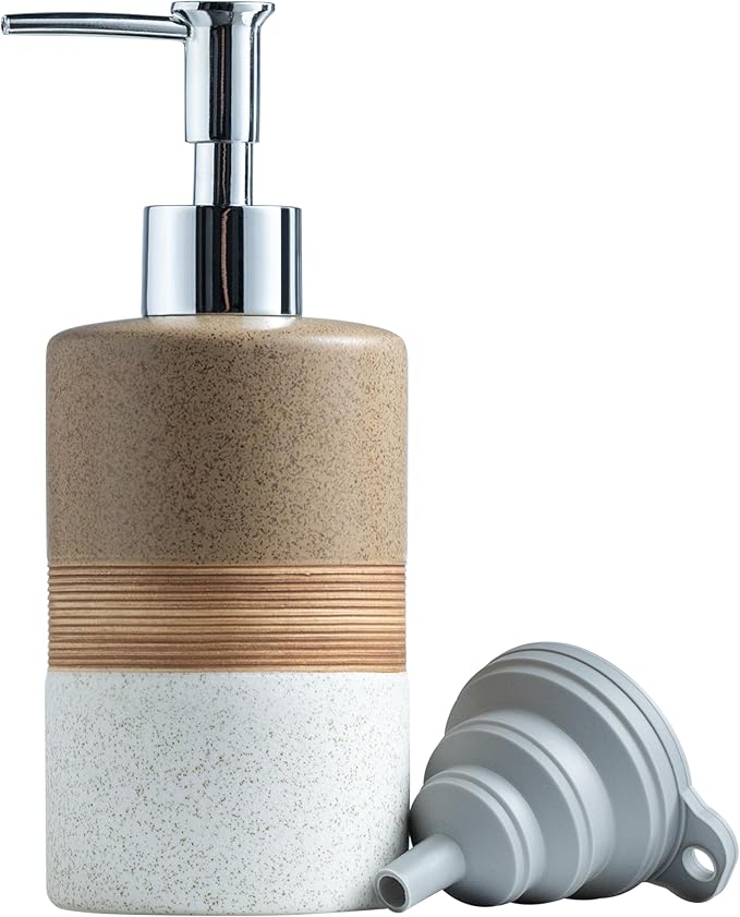 Ceramic Soap Dispenser Set for Hand Soap, Shampoo, Dish Soap, Conditioner, Includes Stainless Steel Pump and Silicone Funnel, 12 Oz, Modern Kitchen Decor