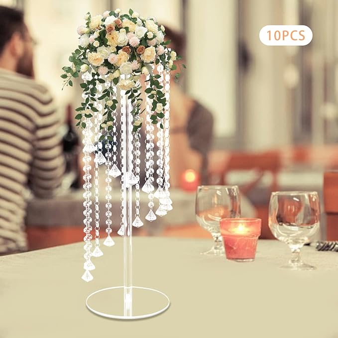 10 Pcs 23.6 Inch Acrylic Crystal Flower Stands, Tall Wedding Centerpieces for Tables with Crystal Chains, Clear Modern Flower Vase Stands for Party Event Home Hotel Decor